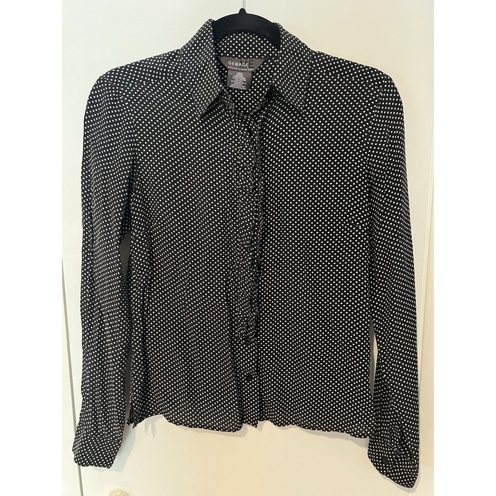 George ME Shirt Womens Small‎ Black Silk Polka Dot Blouse Ruffle Button Career